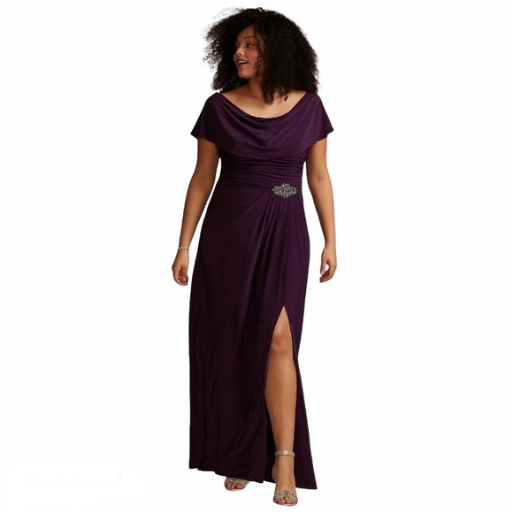 Embellished Pleated Cowl Neck Dress 